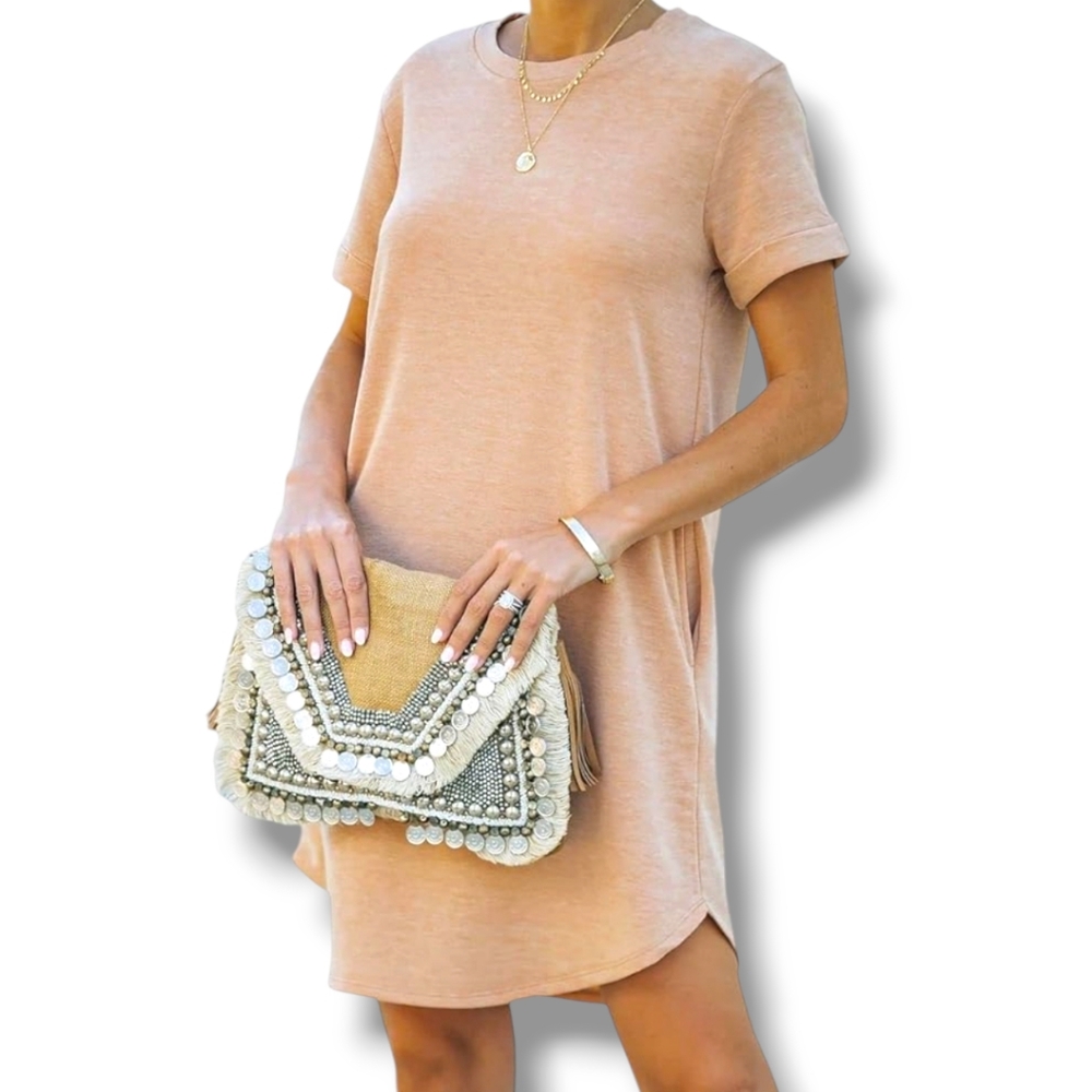YEXIPO NWT Short Sleeve T Shirt Dress Loose Fit Dress Pockets sz S Picture Color